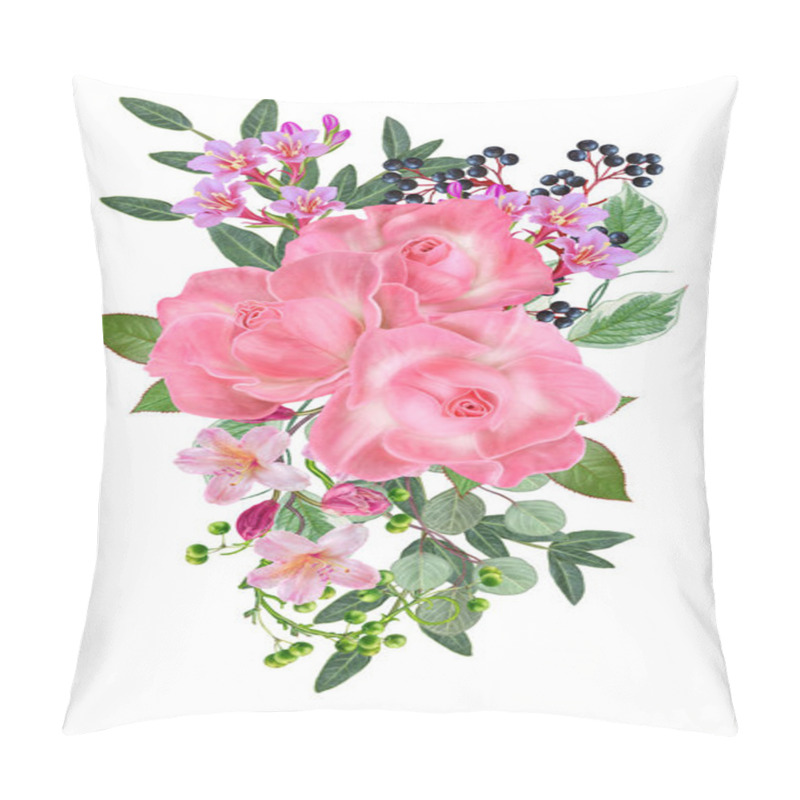 Personality  Floral Background.Bouquet, Composition Of Flowers, Tender Pastel Pink Roses, Berries, Branches, Leaves. Greeting Card, Invitation, Business Card. Isolated On White Background. Pillow Covers