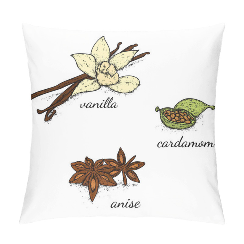 Personality  A Beautiful Selection Of Spices And Seasonings Drawn By Hand. Vanilla, Cardamom And Anise. Vector Illustration. Pillow Covers