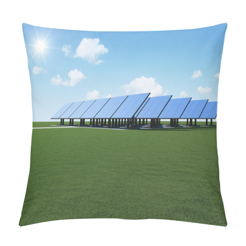 Personality  Modern Solar Panels On Beautiful Green Grass With Sun And Clouds. Alternative Energy Concept Pillow Covers