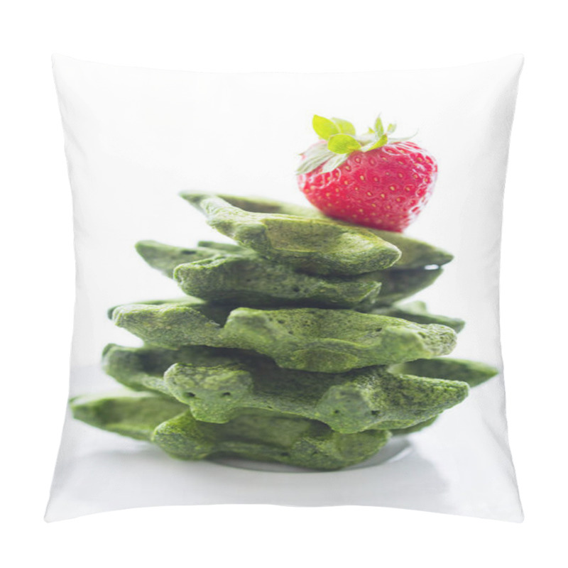 Personality  A Tower Of Green Spinach Waffles Beautifully Garnished With A Single Ripe Strawberry, Offering A Perfect Combination Of Health And Flavor For A Satisfying Morning Meal Pillow Covers