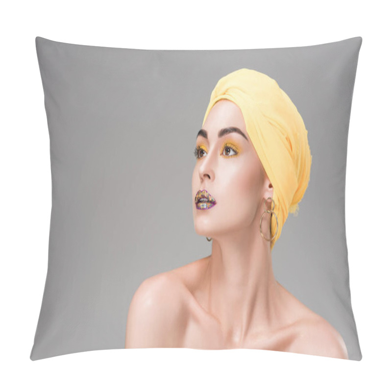 Personality  Beautiful Naked Woman In Yellow Turban Looking Away Isolated On Grey Pillow Covers