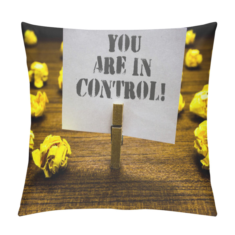 Personality  Text Sign Showing You Are In Control. Conceptual Photo Responsibility Over A Situation Management Authority Paperclip Grip White Page With Grey Text Woody Floor Laid Blurry Yellow Lob. Pillow Covers