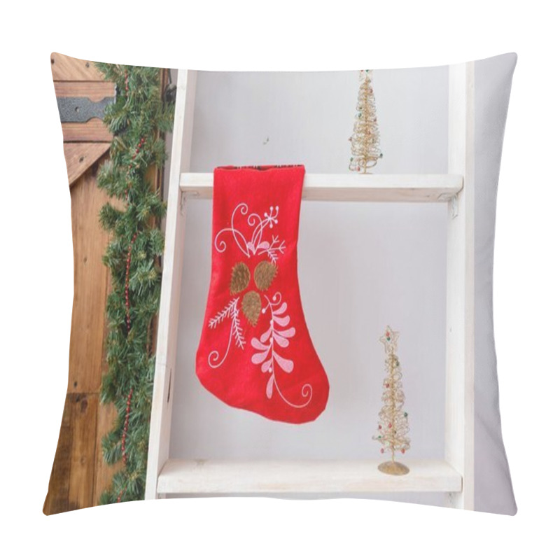 Personality  Red Christmas Sock Hanged Above White Stairs In Room Pillow Covers