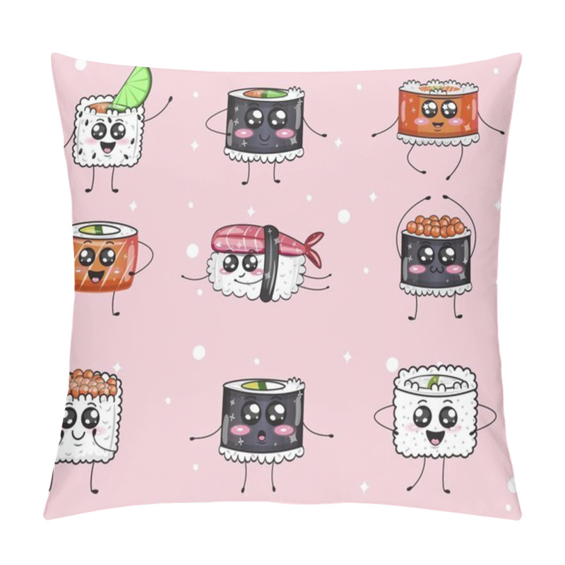 Personality  Cute Sushi And Rolls In Kawaii Style With Smiles. Pillow Covers