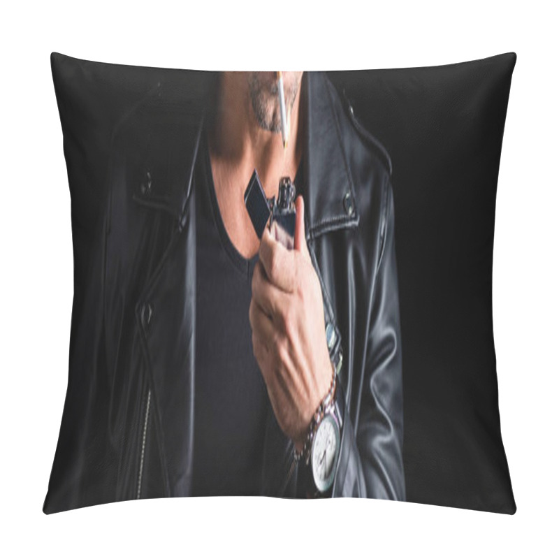 Personality  Cropped View Of Man In Leather Jacket Lighting Cigarette With Lighter Isolated On Black, Panoramic Shot Pillow Covers