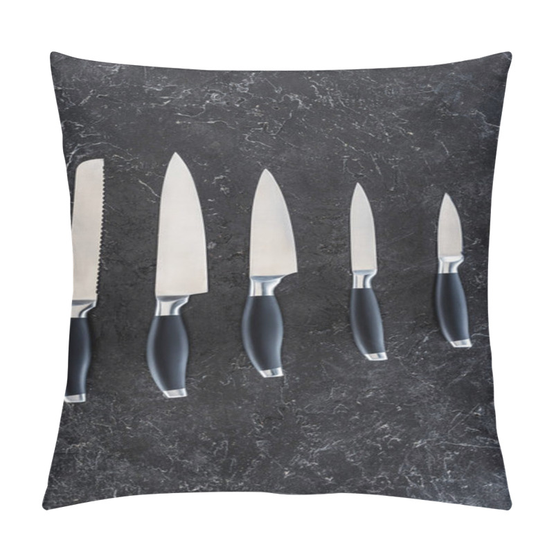 Personality  Top View Of Various Kitchen Knives Arranged On Black Marble Surface   Pillow Covers