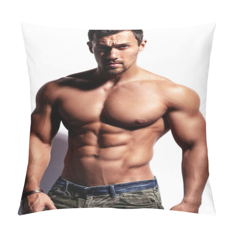 Personality  Portrait Of Strong Healthy Handsome Athletic Man Fitness Model Isolated On White Pillow Covers