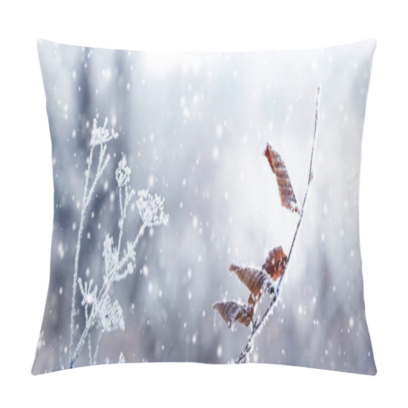 Personality  Snow Covered Tree Branch And Dry Plant With Dry Leaves In Winter During Snowfall Pillow Covers