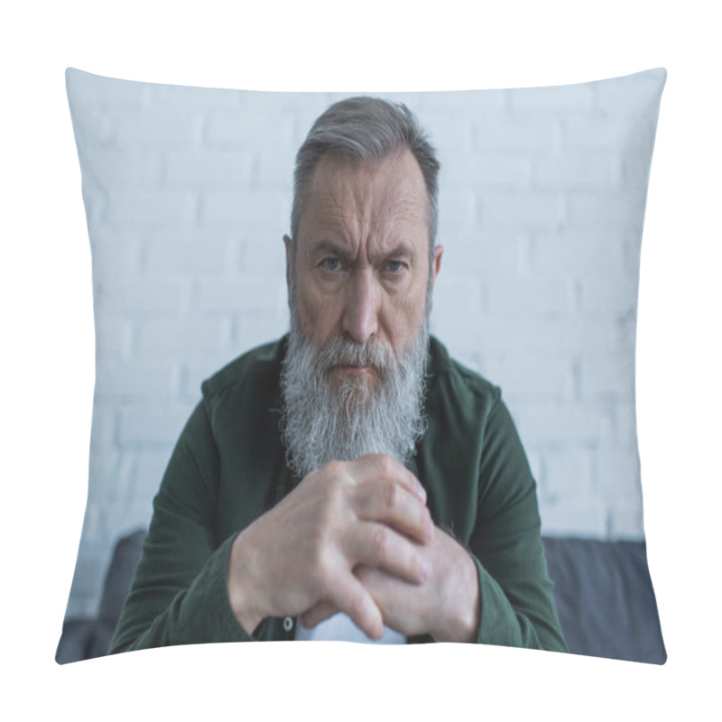 Personality  Serious Senior Man With Beard Frowning While Suffering Crisis And Looking At Camera  Pillow Covers