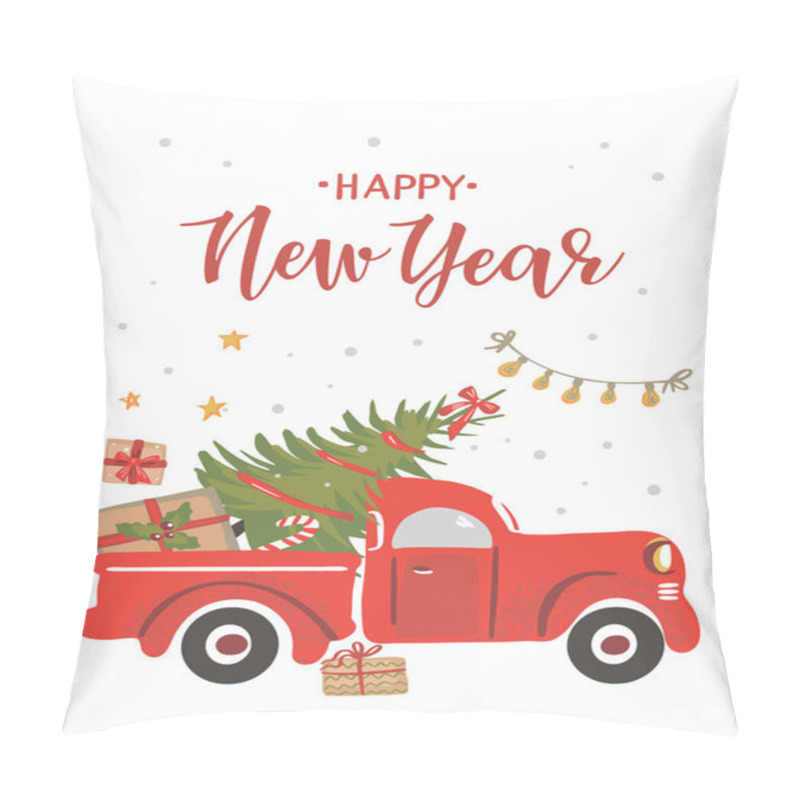 Personality  Christmas Red Truck With A Christmas Tree. Pillow Covers