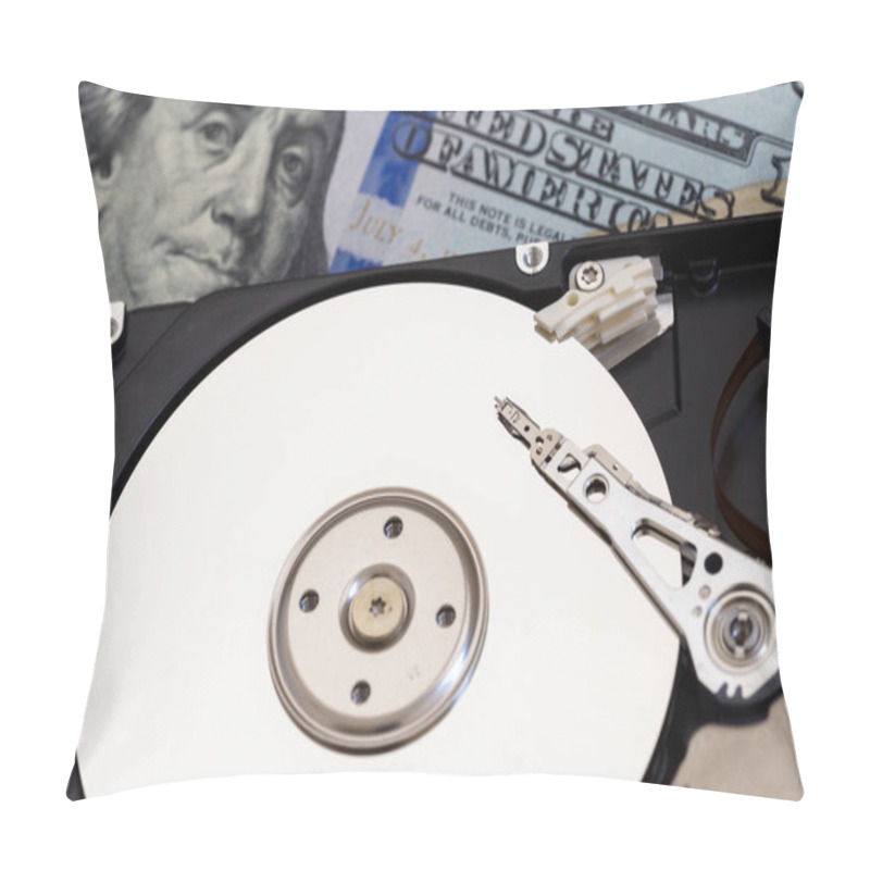 Personality  Disassembled Hard Drive On Money Background.  Pillow Covers