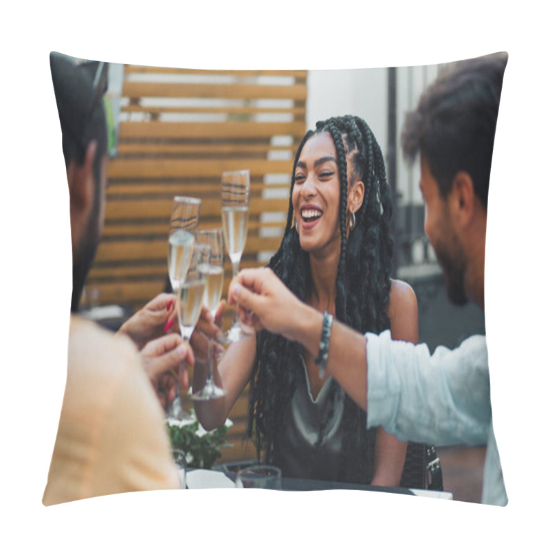 Personality  A Smiling Woman Toasting With Friends During An Elegant Outdoor Gathering, Radiating Joy And Celebrating A Festive Moment. Pillow Covers