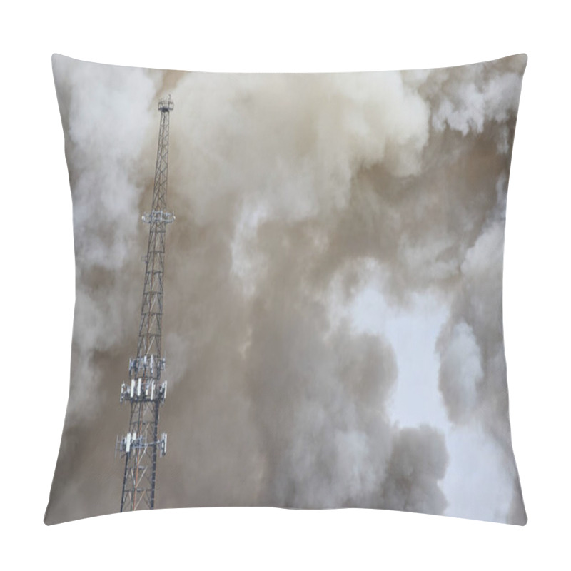 Personality  A Towering Communication Mast Rises Against A Dramatic Backdrop Of Smoke From A Scrap Metal Fire In Columbus Ohio. This Scene Highlights The Intersection Of Technology And Environmental Impact. Pillow Covers