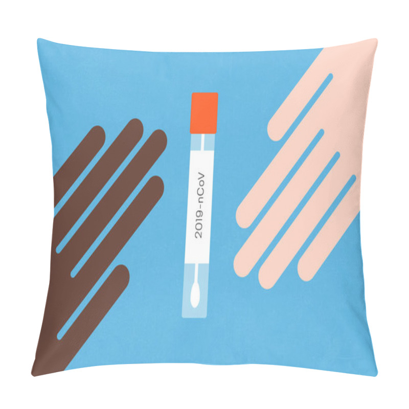 Personality  Two Hands Reaching For A COVID-19 Specimen Collection Tube. Novel Coronavirus (SARS-CoV-2) Testing Kit Flat Illustration. Pillow Covers