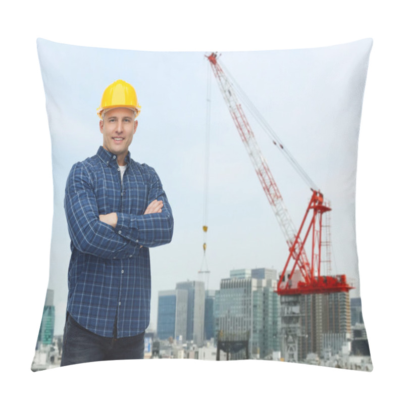 Personality  Smiling Male Builder Or Manual Worker In Helmet Pillow Covers