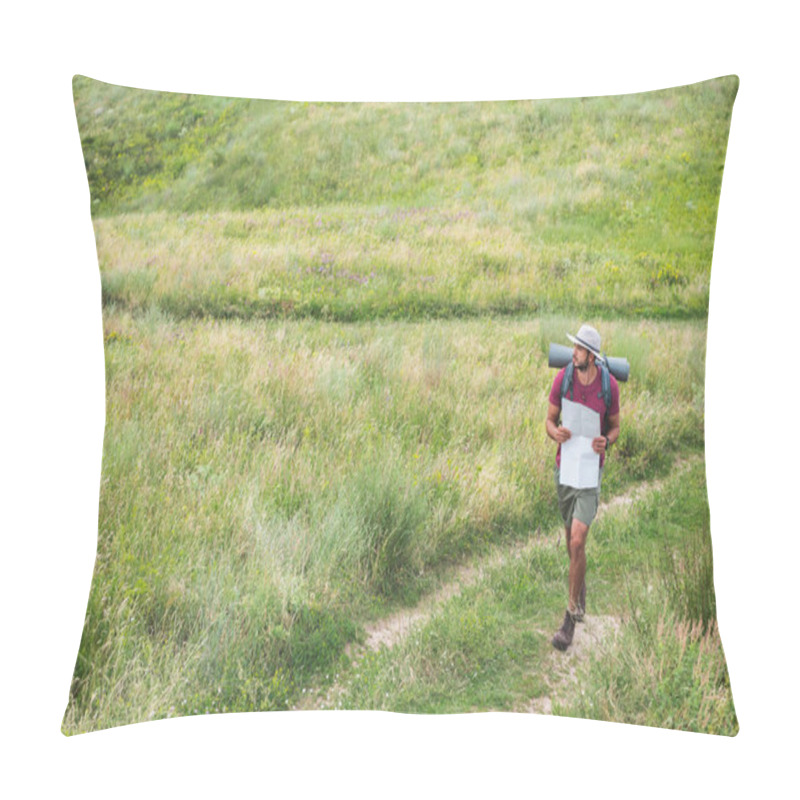 Personality  Traveler With Backpack Holding Map And Walking On Path On Summer Meadow Pillow Covers