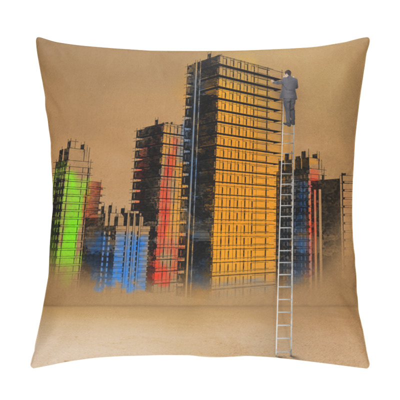 Personality  Rear View Of Businessman Standing On Ladder Touching Painted City Pillow Covers