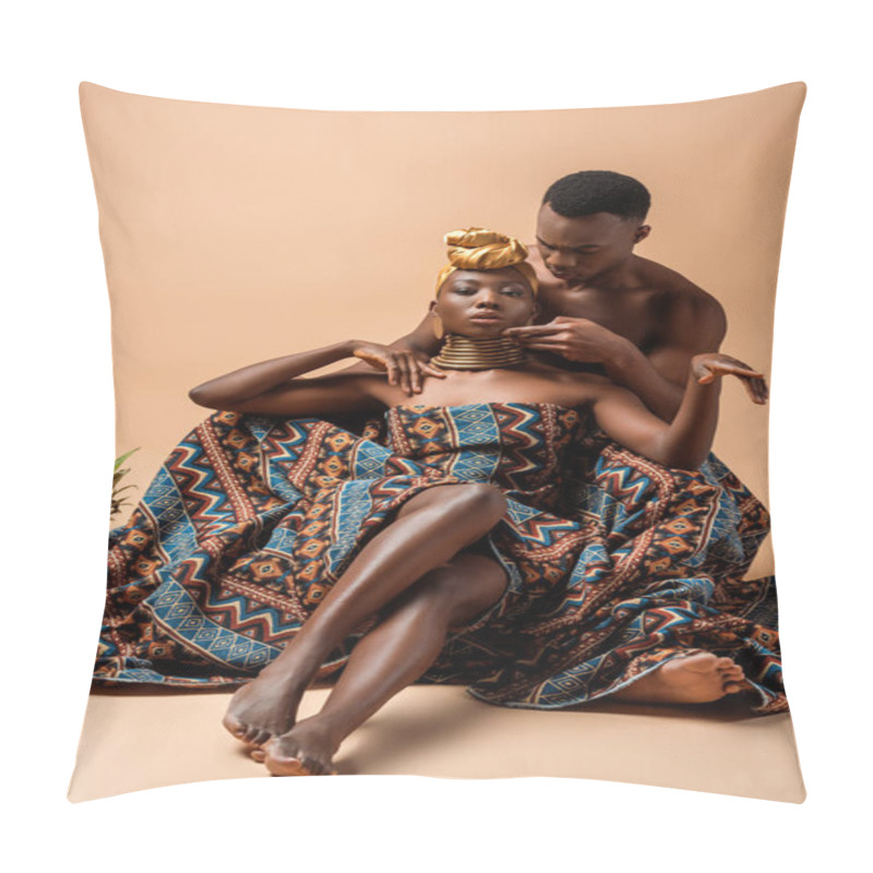 Personality  Sexy Naked Tribal Afro Woman Covered In Blanket Posing Near Man And Pineapple On Beige Pillow Covers