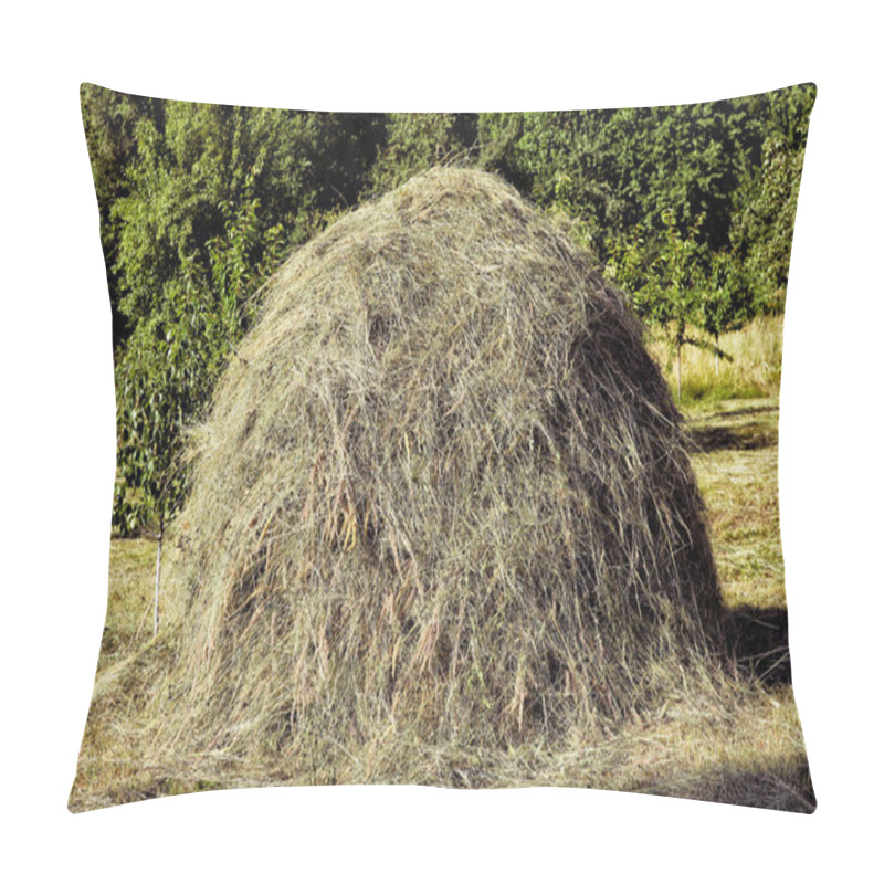 Personality  A Large Haystack On A Green Grass Field Against A Blue Sunny Sky - Image . Close-up Of A Single Big Haystack Near Green Forest In Summer Season. Pillow Covers