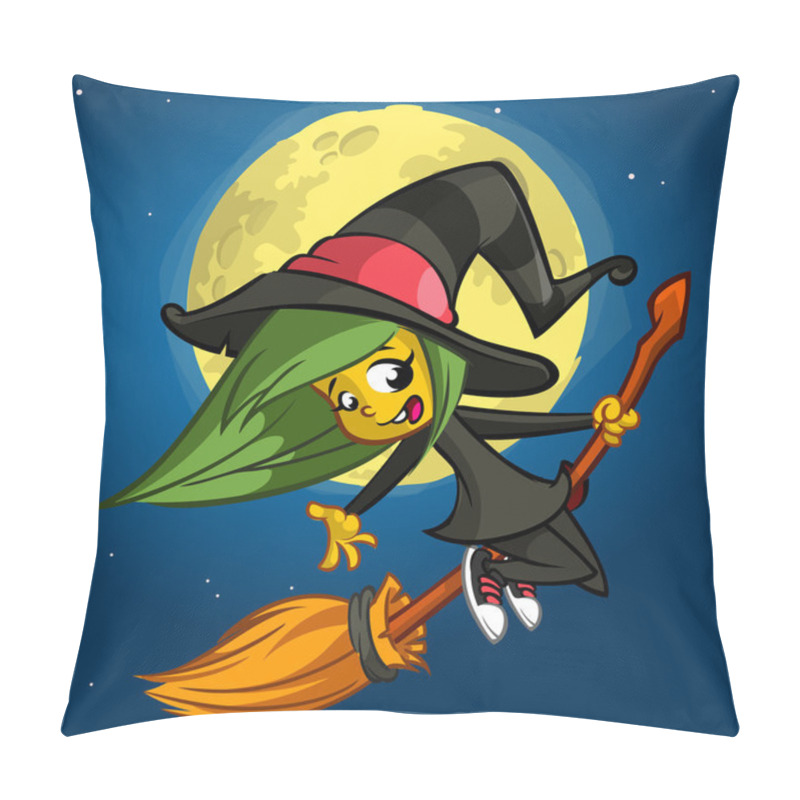 Personality  A Vector Illustration Of Cartoon Girl Dressed In A Witch Costume For Halloween And Riding A Broomstick Pillow Covers