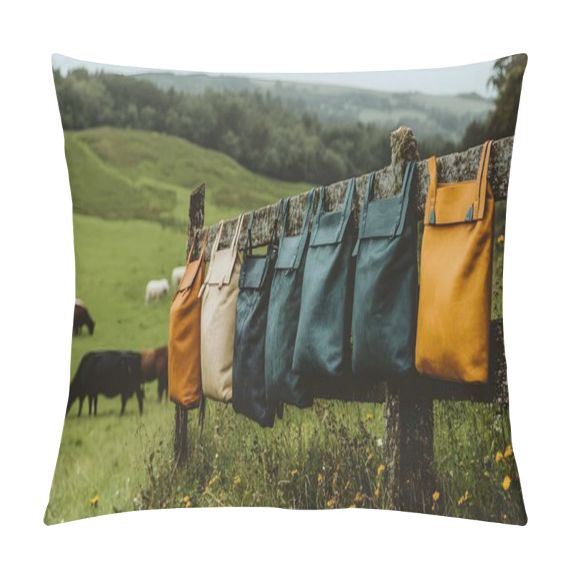 Personality  Bags Hanging On A Fence In A Green Landscape. Pillow Covers