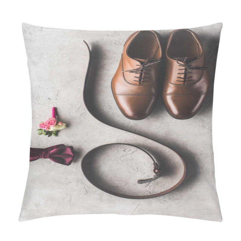 Personality  Top View Of Wedding Shoes, Bow Tie, Boutonniere And Belt On Gray Surface Pillow Covers