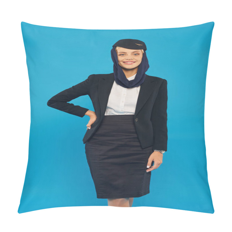 Personality  Jolly Air Hostess In Uniform And Headscarf Posing With Hand On Hip On Blue, Arabian Airlines Pillow Covers