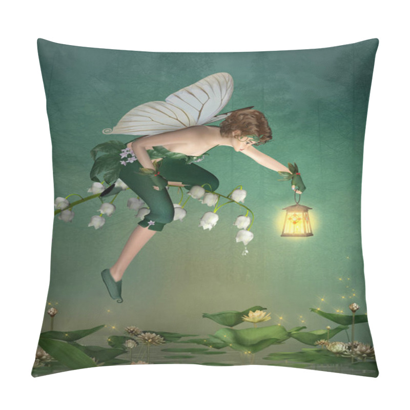 Personality  Little Elf With Lantern On A Lily Of The Valley In A Green Forest Pillow Covers