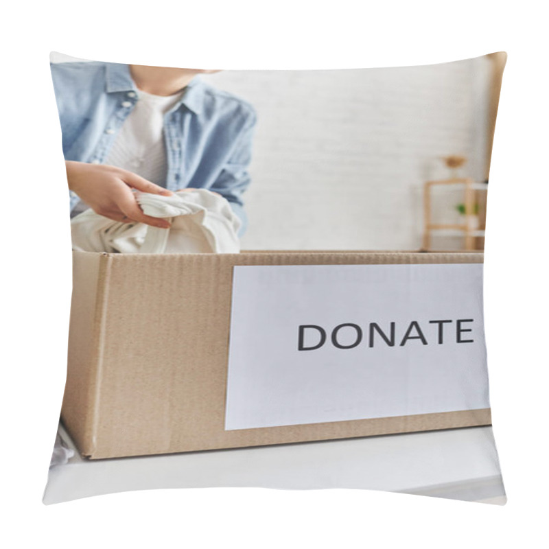 Personality  Partial View Of Young Woman In Casual Clothes Packing Garments In Carton Box With Donate Lettering, Promoting Social Good, Sustainable Living And Social Responsibility Concept, Blurred Background Pillow Covers