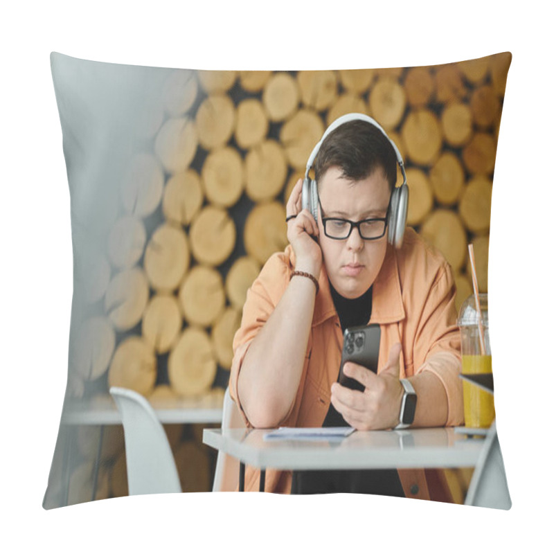 Personality  A Man With Down Syndrome Works On His Laptop In A Cafe, Headphones On, Focused On His Work. Pillow Covers