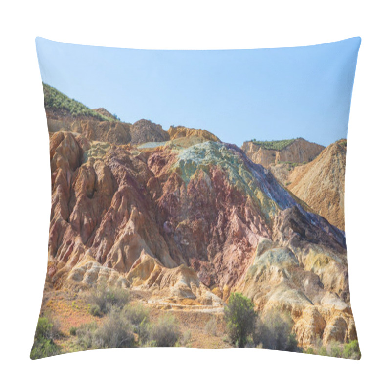 Personality  Eroded, Mineral Stained Hills In The Abandoned Mazarrn Mine, Murcia, Featuring Rich Rust, Orange, And Earth Tones Under A Clear Blue Sky. Pillow Covers