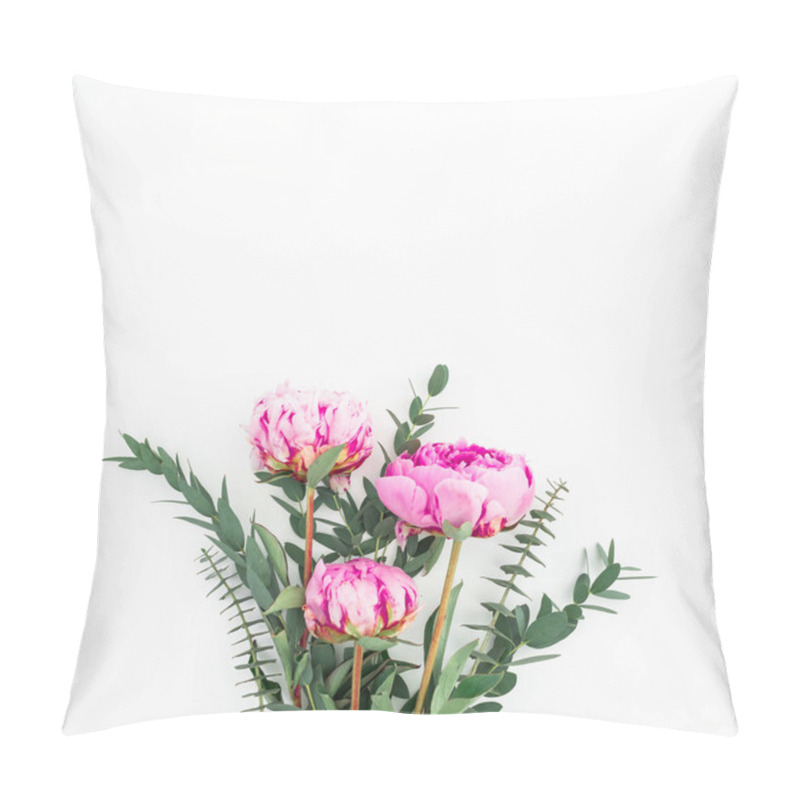 Personality  Bouquet Of Pink Peonies, Hypericum And Eucalyptus On White Background. Flat Lay, Top View Pillow Covers