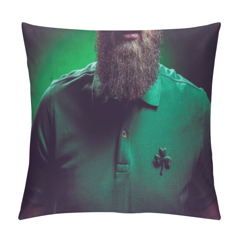 Personality  Cropped Shot Of Bearded Man Wearing Green Polo Shirt With Shamrock Symbol Pillow Covers