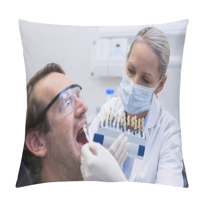 Personality  Female Dentist Examining Male Patient With Teeth Shades Pillow Covers