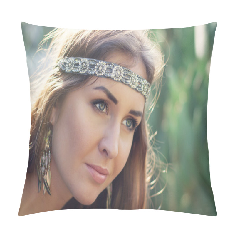 Personality  Portrait Of A Young Female Hippie With Headband And Earrings Pillow Covers