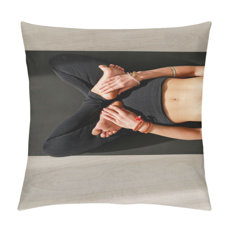 Personality  Top View Of Flexible Woman In Reclining Hero Pose On Yoga Mat  Pillow Covers