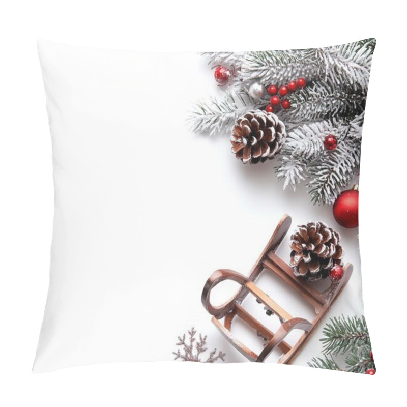 Personality  Festive Winter Arrangement With A Wooden Sleigh And Decorations On A Snowy Background. Pillow Covers