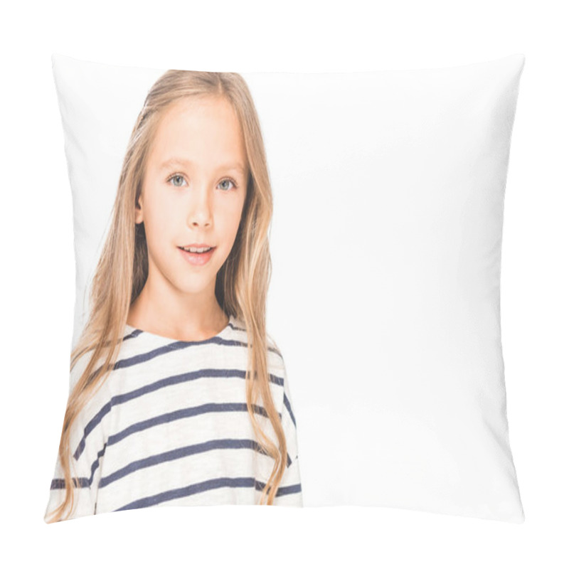 Personality  Smiling Kid In Casual Outfit Isolated On White Pillow Covers