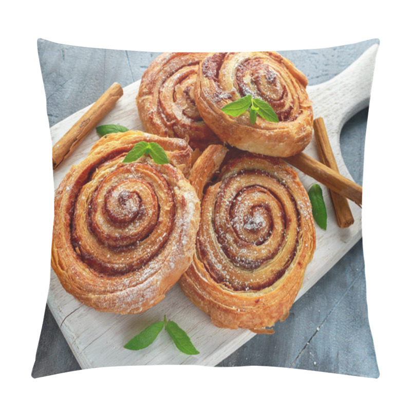 Personality  Freshly Baked Traditional Sweet Cinnamon Rolls, Swirl On White Wooden Board Pillow Covers