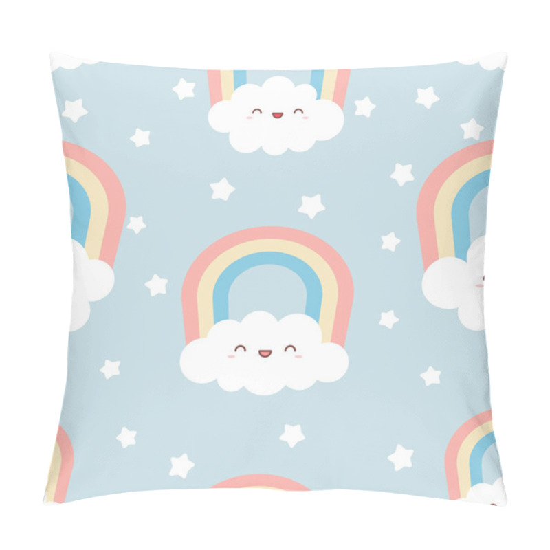 Personality  Cute Kawaii Clouds With Rainbow And Stars. Seamless Pattern, Cartoon Vector Illustration, Nursery Background For Kid. Pillow Covers