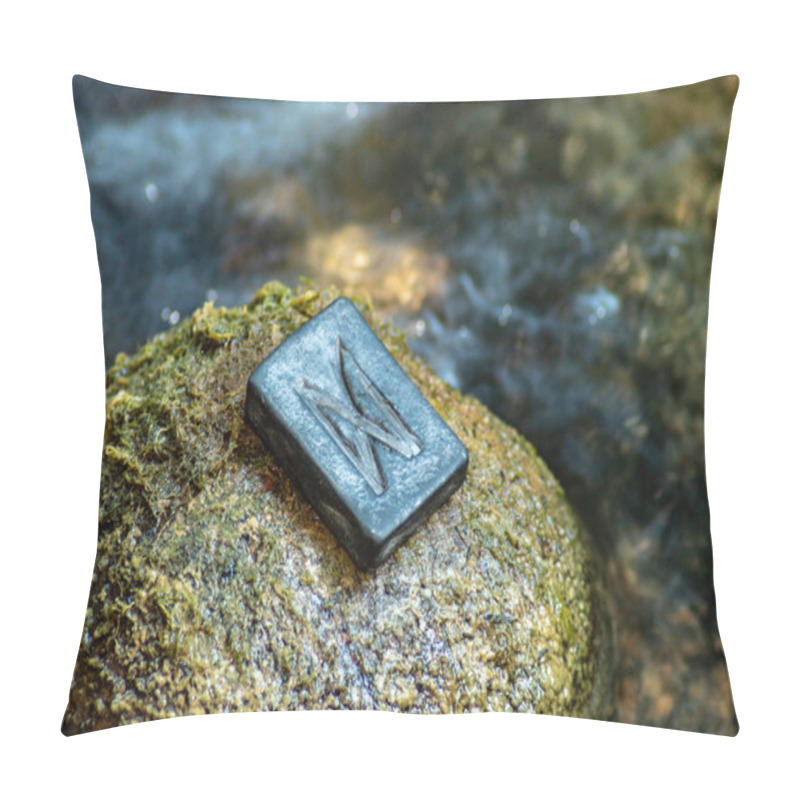 Personality  Norse Rune Dagaz (Dagr) On The Stone And The Evening River Background. Dawn, Transformation, Quick Changes To The Good. Pillow Covers