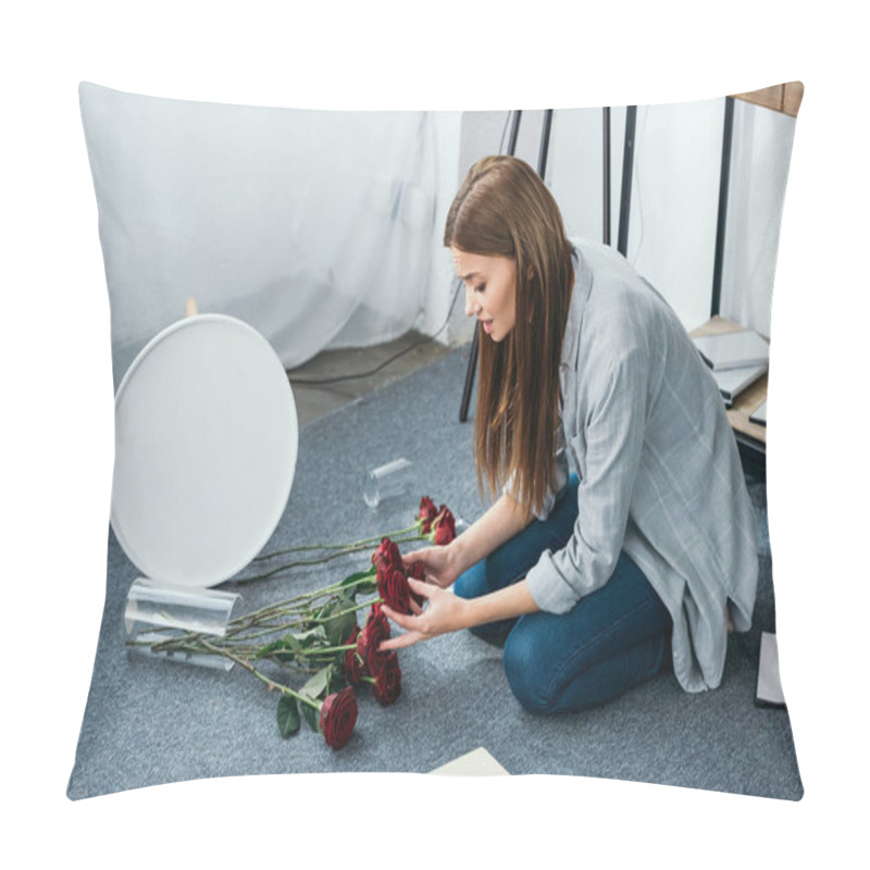 Personality  Attractive And Sad Woman Holding Flowers In Robbed Apartment  Pillow Covers