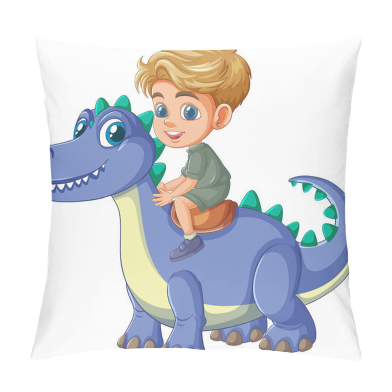 Personality  A Child Happily Rides A Blue Dinosaur Pillow Covers