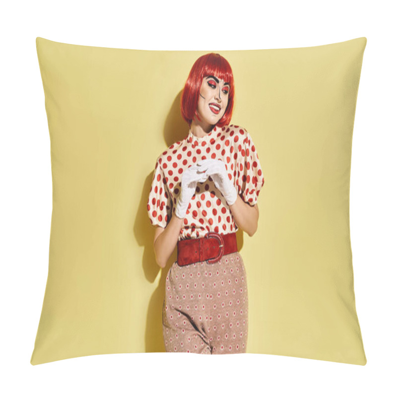 Personality  A Pretty Redhead Woman With Pop Art Makeup Wears A Polka Dot Shirt On A Vibrant Yellow Background. Pillow Covers