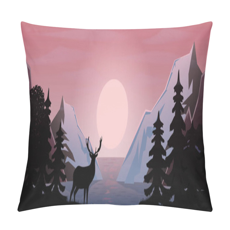 Personality  Vector Illustration. Scenery. The Mountains. Forest. Deer. Sunset Or Dawn. Pillow Covers