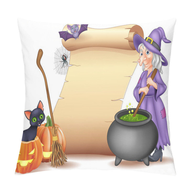 Personality  Vector Illustration Of Halloween Sign With Witch Stirring Magic Potion Pillow Covers