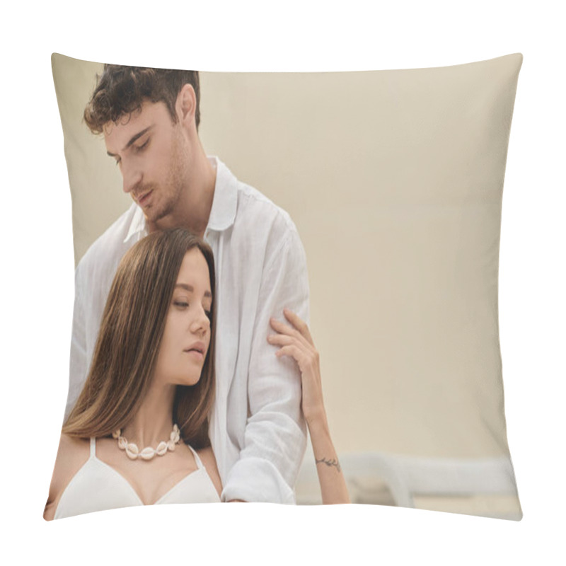 Personality  Handsome Man Hugging Attractive Woman With Tattoo, Spending Time Together Outdoors, Romantic Getaway Pillow Covers