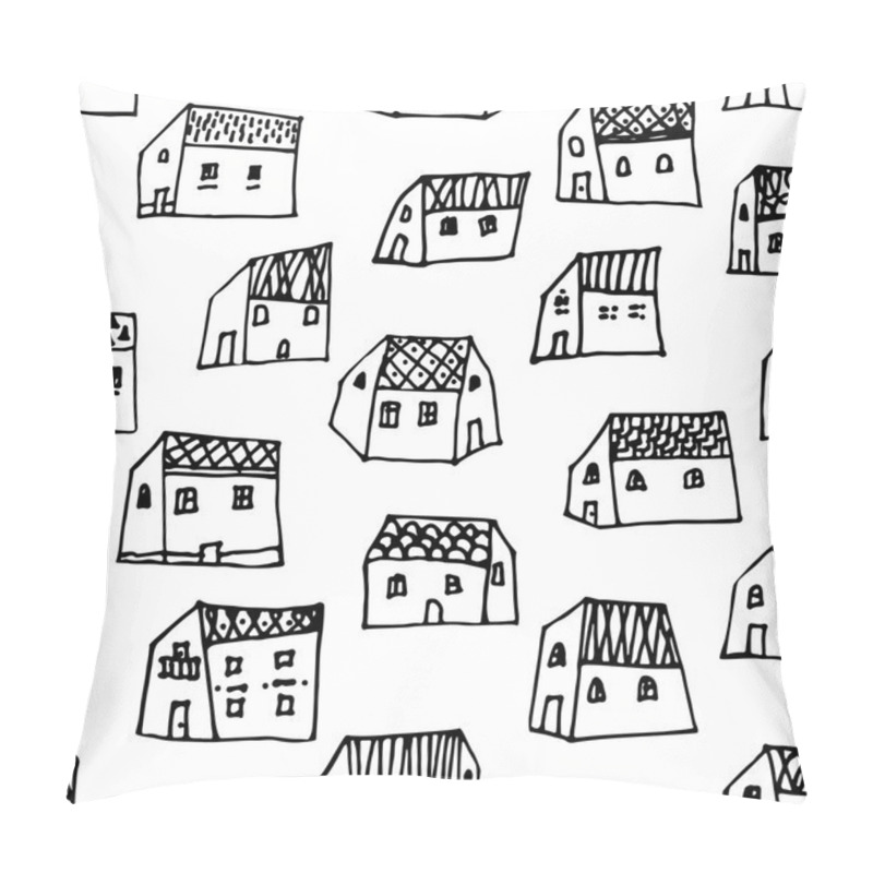 Personality  City Seamless Pattern In Black And White Is Repetitive Texture With Hand Drawn Houses. Pillow Covers