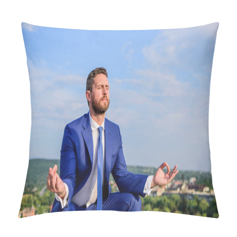 Personality  Businessman Formal Suit Sit Lotus Pose And Meditating Outdoors. Man Try To Keep His Mind Clear. Relaxation Technique. Keeping Calm Inside His Soul. Entrepreneur Find Minute To Relax And Meditate Pillow Covers