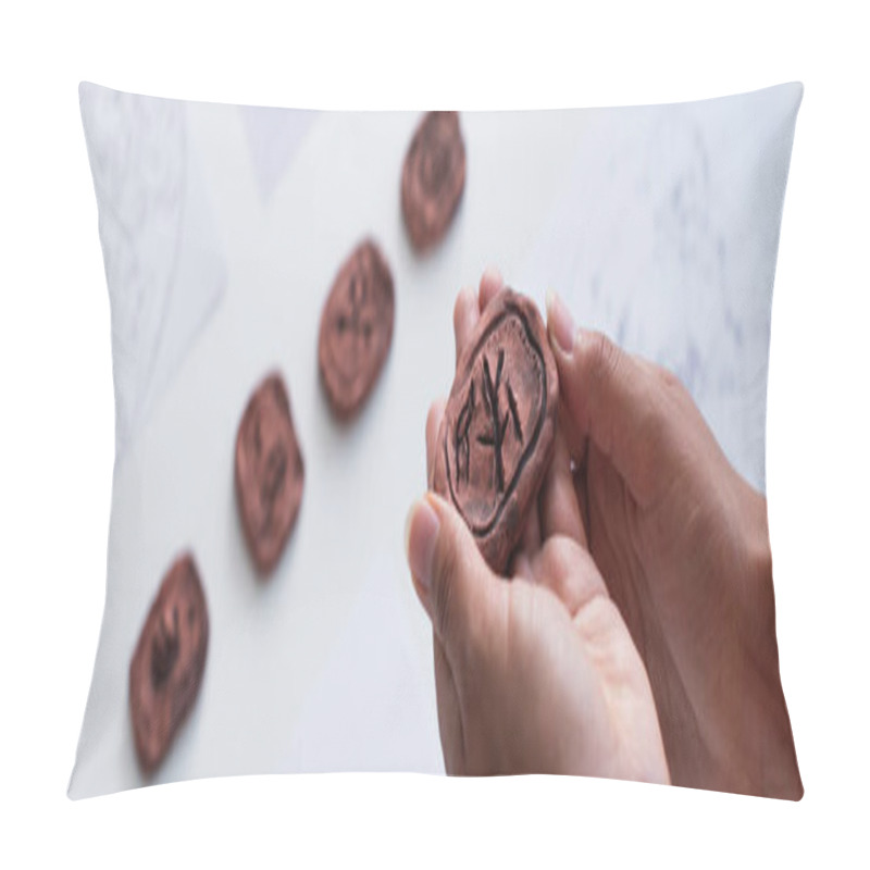 Personality  Partial View Of Cropped Fortune Teller Holing Clay Rune, Banner Pillow Covers